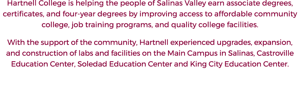 Hartnell College is helping the people of Salinas Valley earn associate degrees, certificates, and four year degrees ...