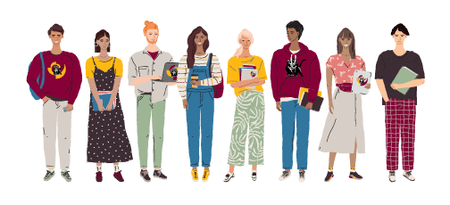 Vector college student character illustration. Group of multicultural young people with books, laptop, tablet. University boys and girls learning together. International education team concept
